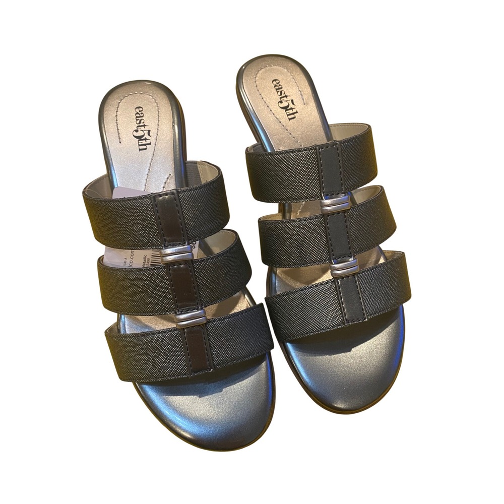 East 5th Elsie Metallic Slide Sandals Grey Silver Low Block Heel Mules Size 5.5M